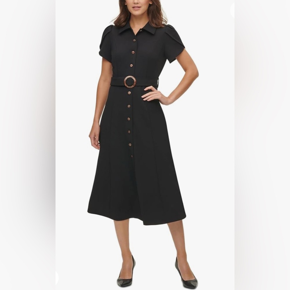 Calvin Klein Women’s  Short Sleeve Collar Neck Button Down Belted Midi Dress